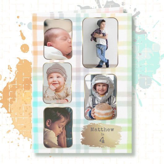 4th Birthday 5 Picture Plaid Watercolor Modern カード