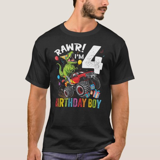 4th Birthday Boy Dinosaur Monster Truck Tシャツ (正面)