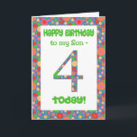 4th Birthday Card for a Son, Bright and Bubbly カード<br><div class="desc">明るく泡立つ数字と息子のための4番目のバースデーパターン（の模様が）あるタカー縁どド。内側のメッセージをもし変更できる。</div>