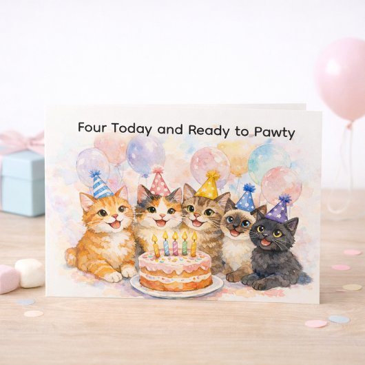 4th Birthday Card for Girls Fun Cat Party  ポストカード