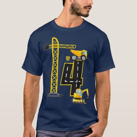 4th Birthday Construction Vehicles Diggers Crane Tシャツ (正面)
