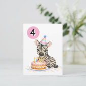 4th Birthday for Girls Sweet Zebra Postcard  ポストカード (スタンド正面)