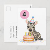 4th Birthday for Girls Sweet Zebra Postcard  ポストカード (正面/裏面)