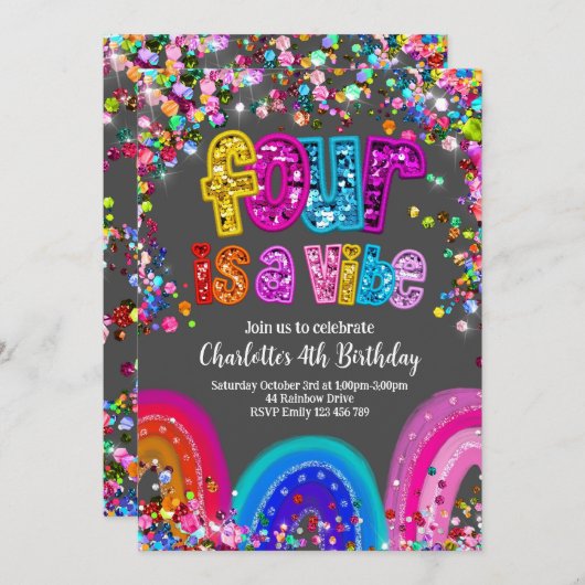 4th Birthday Invitation Glitter Sequin Rainbow 招待状 (正面/裏面)