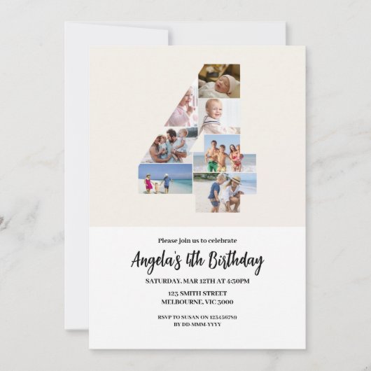 4th Birthday Invitation Minimalist - Number 4 招待状 (正面)