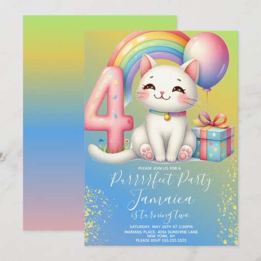 4th Birthday Kitten Rainbowパーティー 招待状 (正面/裏面)