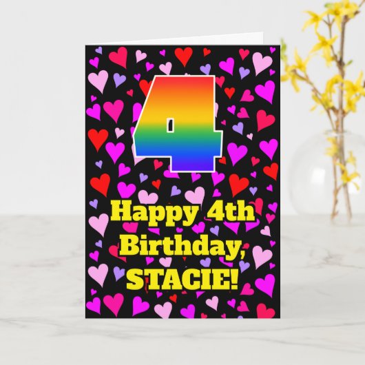 4th Birthday: Loving Hearts Pattern, Rainbow # 4 カード (黄色い花)