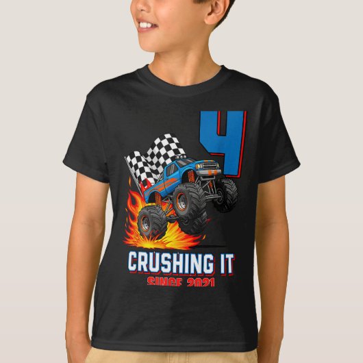 4th Birthday Monster Truck 4 Year Old Boy Born 202 Tシャツ (正面)