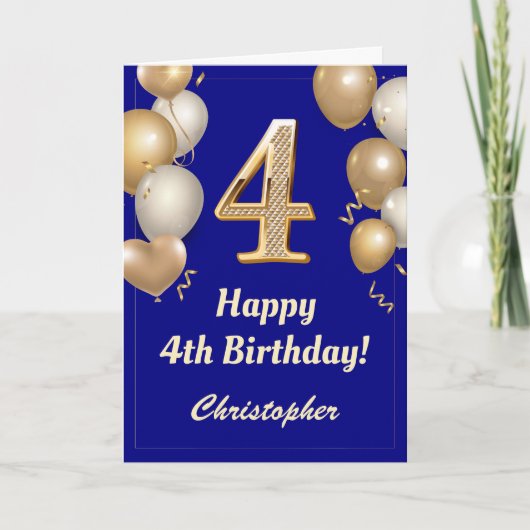 4th Birthday Navy Blueと金ゴールドバルーン紙吹雪 カード (正面)