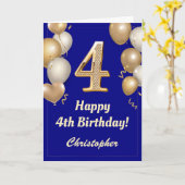4th Birthday Navy Blueと金ゴールドバルーン紙吹雪 カード (黄色い花)