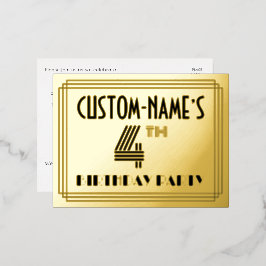4th Birthday Party ~ Art Deco Style “4” + Name 箔招待状ポストカード
