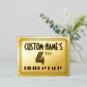 4th Birthday Party ~ Art Deco Style “4” + Name 箔招待状ポストカード (立ち正面)
