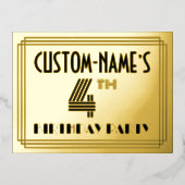 4th Birthday Party ~ Art Deco Style “4” + Name 箔招待状ポストカード (正面)