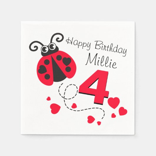 4th birthday red ladybug napkinsという女の子 スタンダードカクテルナプキン (正面)