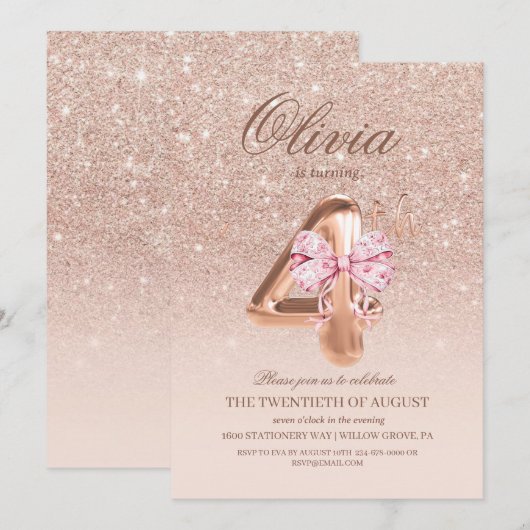 4th Birthday Rose Pink Gold Bow Birthday Party 招待状 (正面/裏面)