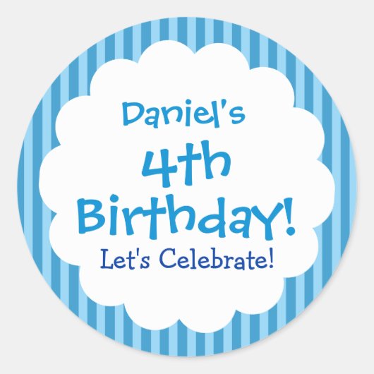 4th Birthday StickerブルーストライプV1C ラウンドシール (正面)