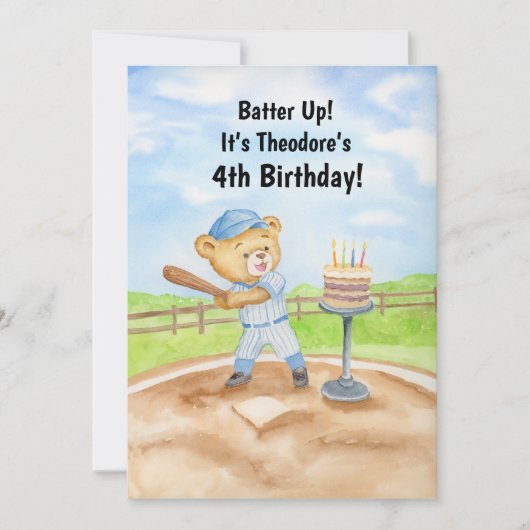 4th Birthday Tee Ball Teddy Bear Baseball 招待状 (正面)