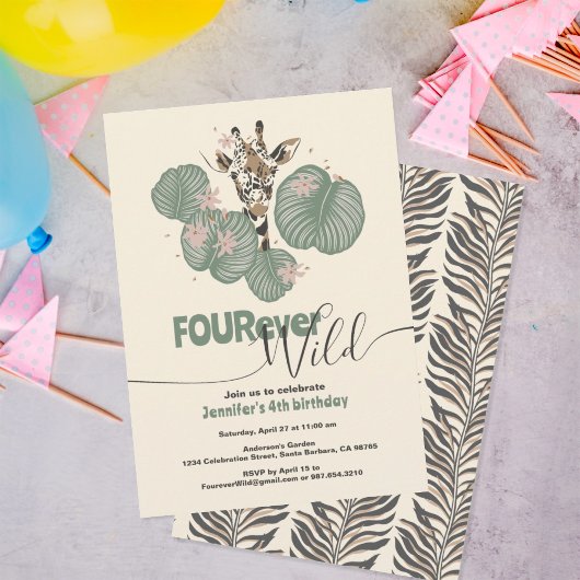 4th Birthday Tropical Giraffe Animal Party 招待状