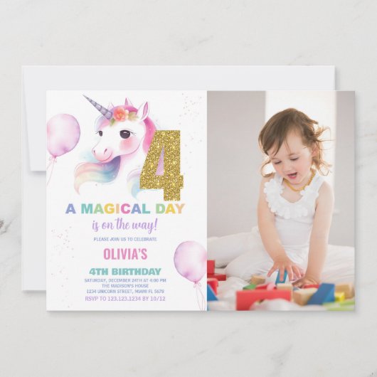 4th Birthday Unicorn誕生日招待状写真 招待状 (正面)