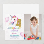4th Birthday Unicorn誕生日招待状写真 招待状 (正面/裏面)