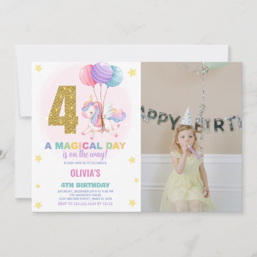4th Birthday Unicorn誕生日招待状写真 招待状 (正面)