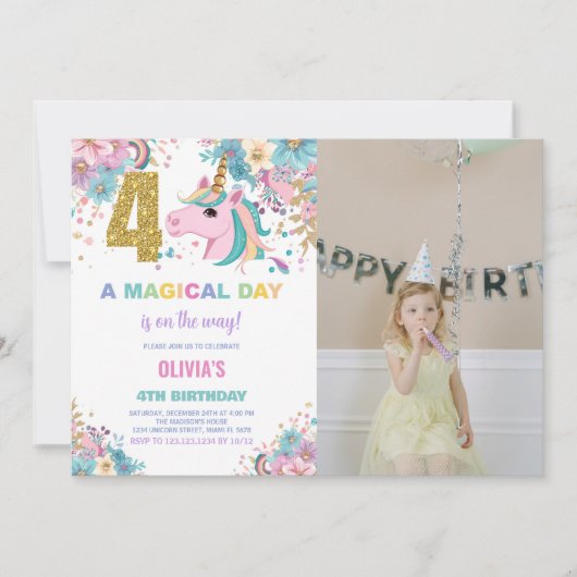 4th Birthday Unicorn誕生日招待状写真 招待状 (正面)