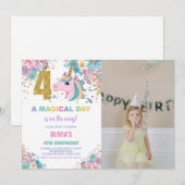 4th Birthday Unicorn誕生日招待状写真 招待状 (正面/裏面)