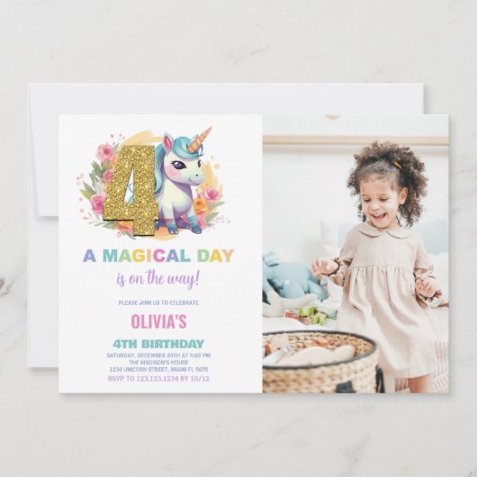 4th Birthday Unicorn誕生日招待状写真 招待状 (正面)