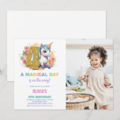 4th Birthday Unicorn誕生日招待状写真 招待状 (正面/裏面)