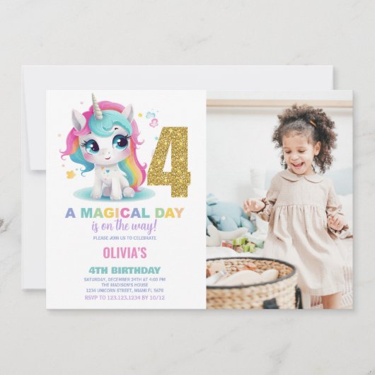 4th Birthday Unicorn誕生日招待状写真 招待状 (正面)