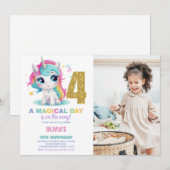 4th Birthday Unicorn誕生日招待状写真 招待状 (正面/裏面)