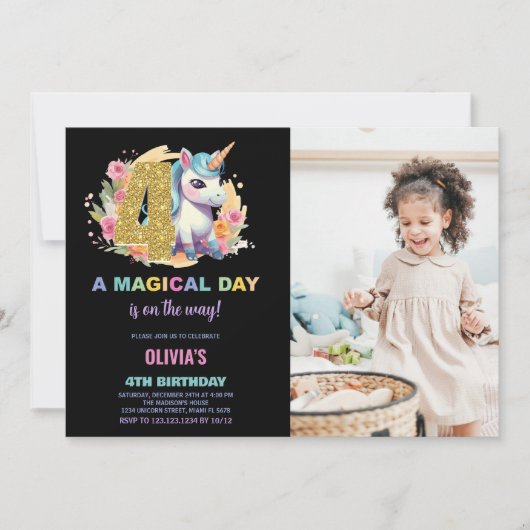 4th Birthday Unicorn誕生日招待状写真 招待状 (正面)