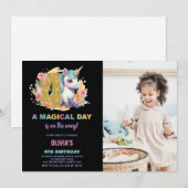 4th Birthday Unicorn誕生日招待状写真 招待状 (正面/裏面)