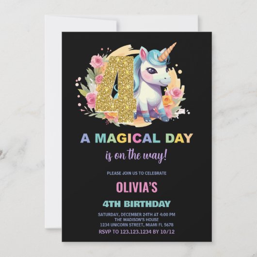 4th Birthday Unicorn誕生日招待状 招待状 (正面)