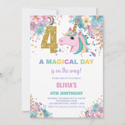 4th Birthday Unicorn誕生日招待状 招待状 (正面)