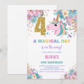 4th Birthday Unicorn誕生日招待状 招待状 (正面/裏面)