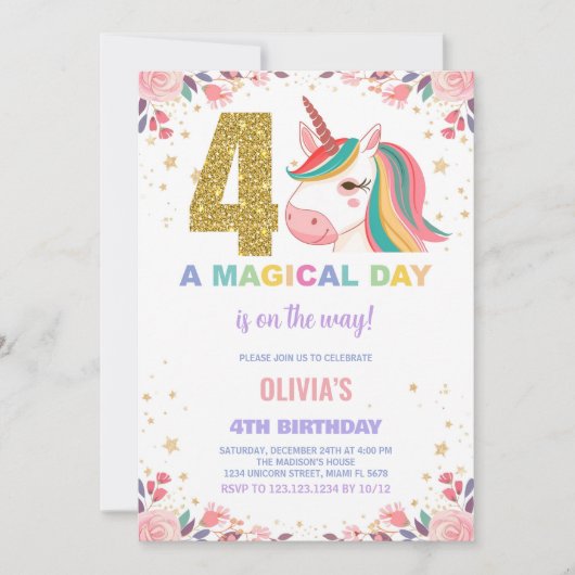 4th Birthday Unicorn誕生日招待状 招待状 (正面)
