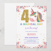 4th Birthday Unicorn誕生日招待状 招待状 (正面/裏面)