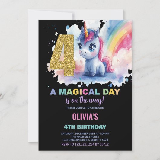 4th Birthday Unicorn誕生日招待状 招待状 (正面)