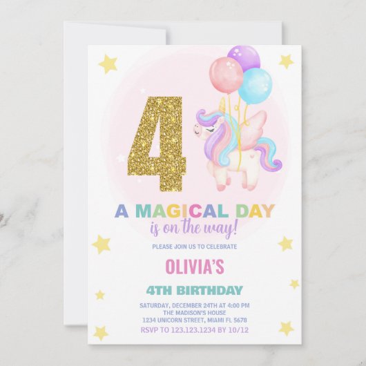 4th Birthday Unicorn誕生日招待状 招待状 (正面)