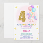 4th Birthday Unicorn誕生日招待状 招待状 (正面/裏面)