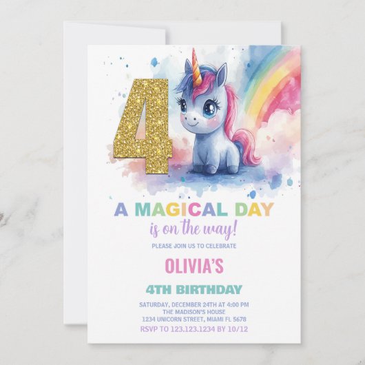 4th Birthday Unicorn誕生日招待状 招待状 (正面)