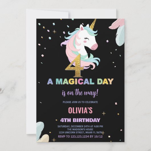 4th Birthday Unicorn誕生日招待状 招待状 (正面)