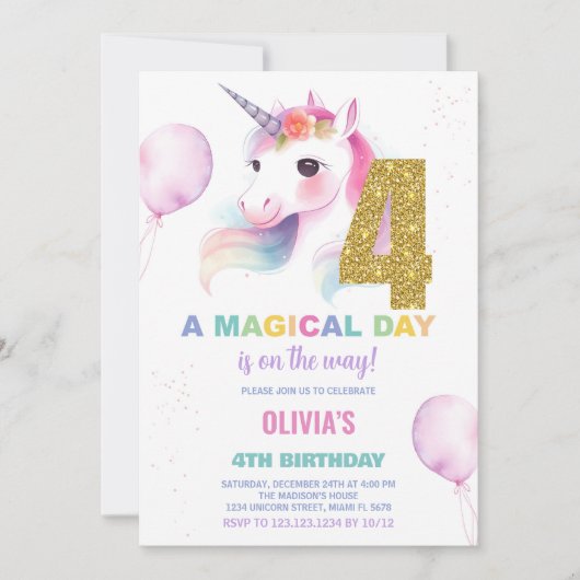 4th Birthday Unicorn誕生日招待状 招待状 (正面)