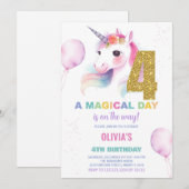 4th Birthday Unicorn誕生日招待状 招待状 (正面/裏面)