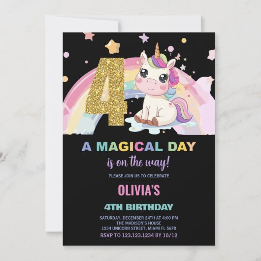 4th Birthday Unicorn誕生日招待状 招待状 (正面)