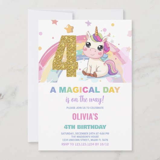 4th Birthday Unicorn誕生日招待状 招待状 (正面)