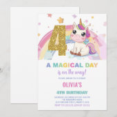 4th Birthday Unicorn誕生日招待状 招待状 (正面/裏面)