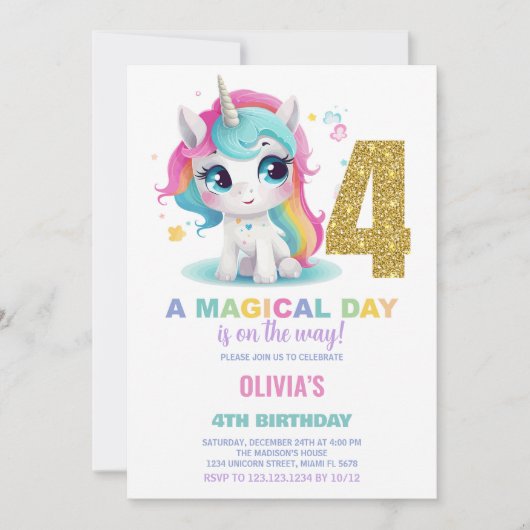 4th Birthday Unicorn誕生日招待状 招待状 (正面)