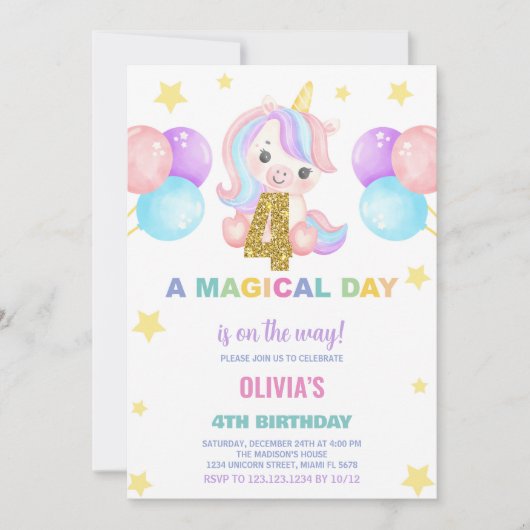 4th Birthday Unicorn誕生日招待状 招待状 (正面)